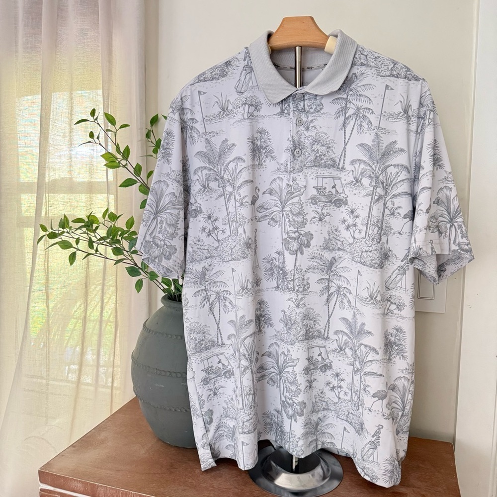 Walter Hagen Men’s Gray Palm Tree Print Golf Polo Shirt Sz L Stretch Performance